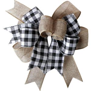 SIMISI RIBBON Christmas Buffalo Plaid Bow Burlap Black White Plaid Bows for Wreath Kitchen Decor (9.5 x 13 Inch)