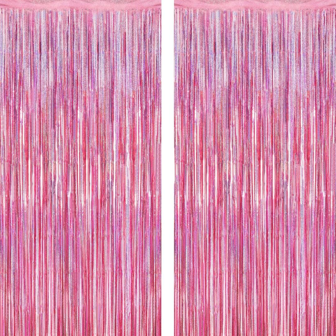 2 Pack Glitter Pink Backdrop, 3.28 FT x 7.05 FT Birthday Party Decorations, Laser Pink Fringe Curtains Foil Streamer Tinsel, Pink Curtains Photo Backdrop Happy Birthday Valentines Day Backdrop