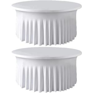 2 Pack White 6ft 72inch Round Spandex Tablecloth Stretch Fitted Table Cover with Skirt for Wedding Party Decoration