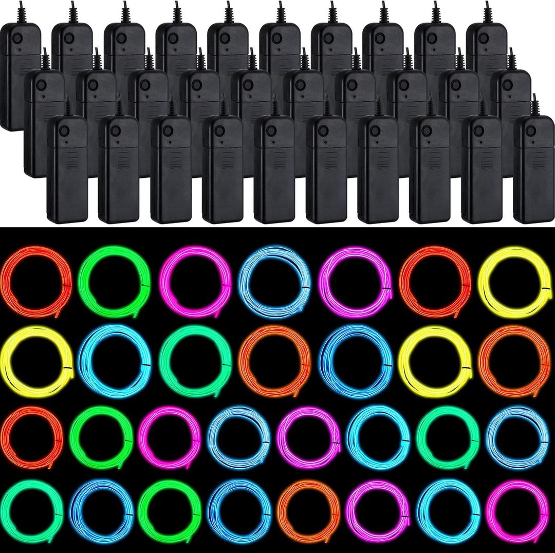 30 Set EL Wire Portable Neon Light with Strip 6.6 ft Cuttable Glowing LED Rope Lights Battery Powered Electroluminescent Wire for Glow in The Dark Costume DIY Halloween Party Decor, 10 Colors