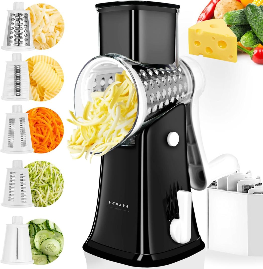 Rotary Cheese Grater, 5 in 1 Rotary Grater, Replaceable Stainless Blades Cheese Shredder, Cheese Slicer, Cheese Grater Hand Crank, Easy to Clean Kitchen Gadgets with Storage Box (Black)