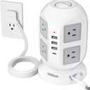 Tower Surge Protector Power Strip 10 ft, Long Flat Extension Cord with Multiple Outlets, 8 AC Outlets with 4 USB Ports, 1 Built-in USB Cable, Charging Station with Surge Protection, for Home Office (Grey)