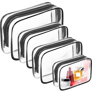 AURUZA Clear Makeup Bag,Portable Travel Toiletry Bags with Zipper, TSA Approved Clear Organizer Bags, PVC Cosmetic Pouch for Airport Airline Compliant (4 Packs Black)
