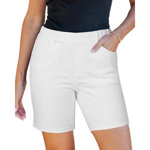 Utyful Jean Shorts for Women Mid Rise Pull On Elastic Waist Trendy Summer Jorts 7 Inch Inseam Stretchy Long Denim Shorts (White, XL)