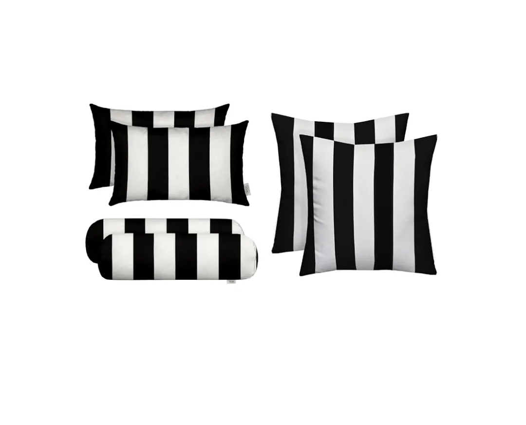 RSH DECOR: 6-Pack Pillow Set | All-Weather Spun Fabric | Water & Fade-Resistant | 17" Square, 20" x 12" Lumbar, 20" x 6" Neck Roll Pillows | Outdoor Pillows for Patio Furniture | Black & White Stripe
