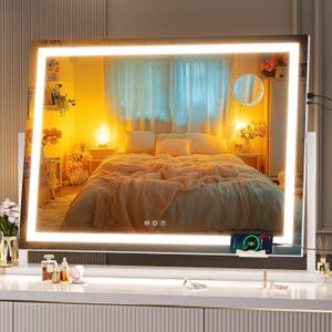 Hasipu Vanity Mirror with Lights, 32" x 24" LED Makeup Mirror, Light up Mirror with 10X Magnification and Phone Holder, USB Charging Port, Smart Touch 3 Colors Dimmable (White)
