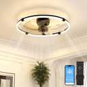 VOLISUN Low Profile Ceiling Fan with Lights and Remote, 23.6in Bladeless Ceiling Fans with Light Flush Mount, Dimmable Modern LED Fan Light, Black Fandelier Ceiling Fans for Bedroom,Living Room