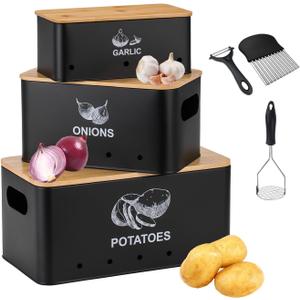 Metal Onion Garlic Potato Storage Set, Kitchen Vegetable Storage Tins Set of 3, + 3 Stainless Steel Gadgets, Canister Sets for Kitchen Counter with Aerating Holes and Wooden Bamboo Lids-Black