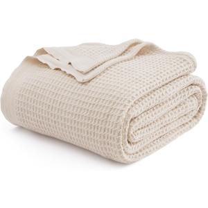 Bedsure Gentlesoft 100% Cotton Blanket Queen Size for Bed - Breathable and Soft, Thick Cozy Waffle Weave Christmas Blanket Gift for Women, Light Beige, 90x90 Inches