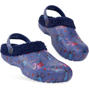 Disney Stitch Clogs for Women Winter Fleece Lining Warm Slip On Sandals Outdoor Garden Shoes with Strap Gifts for Women (8.5-9, Navy)