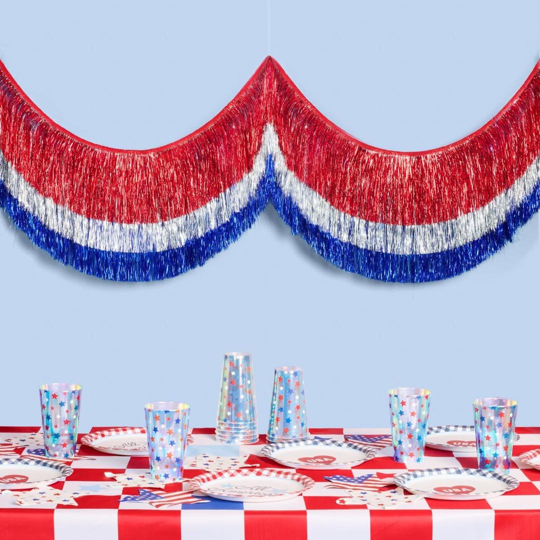 xo, Fetti Red, Silver + Blue Layered Fringe Banner - 6 Ft. | 4th of July Decorations, Western Party Decorations, Patriotic Birthday Party Decor, Cowboy Backdrop, Summer BBQ Sign