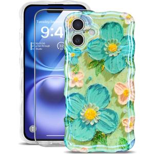 for iPhone 16 Case [with 9H Screen Protectors] Wave Bumper Colorful Oil Painting Flowers Print Blue Glossy Soft TPU Phone Case Cover for Girls Women,Blue Daisy