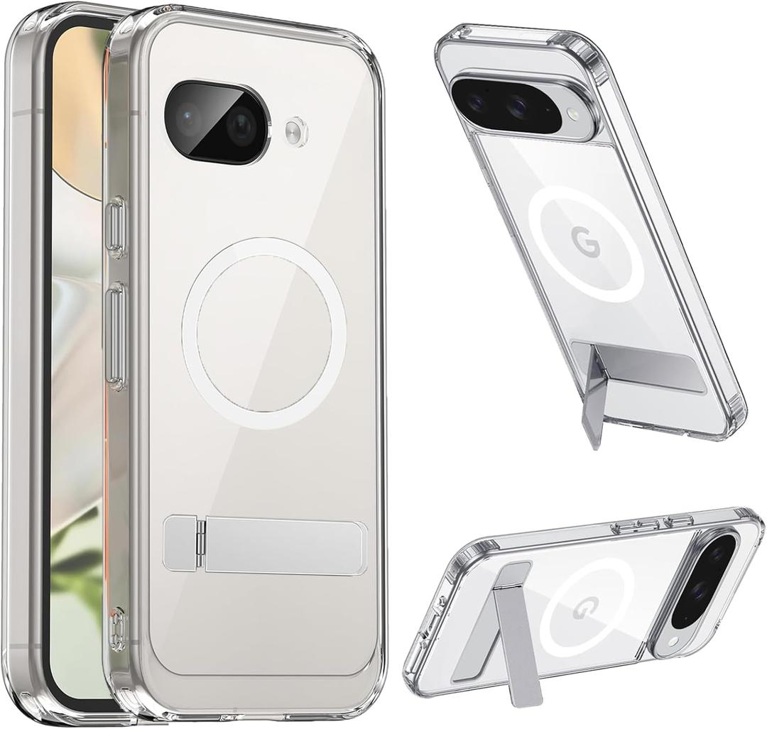for Pixel 9a Magnetic Case Clear Compatible with MagSafe, Built-in 2-Way Kickstand [Horizontal & Vertical Stand] Magnetic Crystal Slim Fit Rugged Cover (Clear)