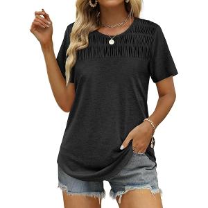 Cap Sleeve Summer Tops for Women Trendy Floral Print Casual V Neck T Shirts Petal Sleeve Blouses (X-Large, Black)