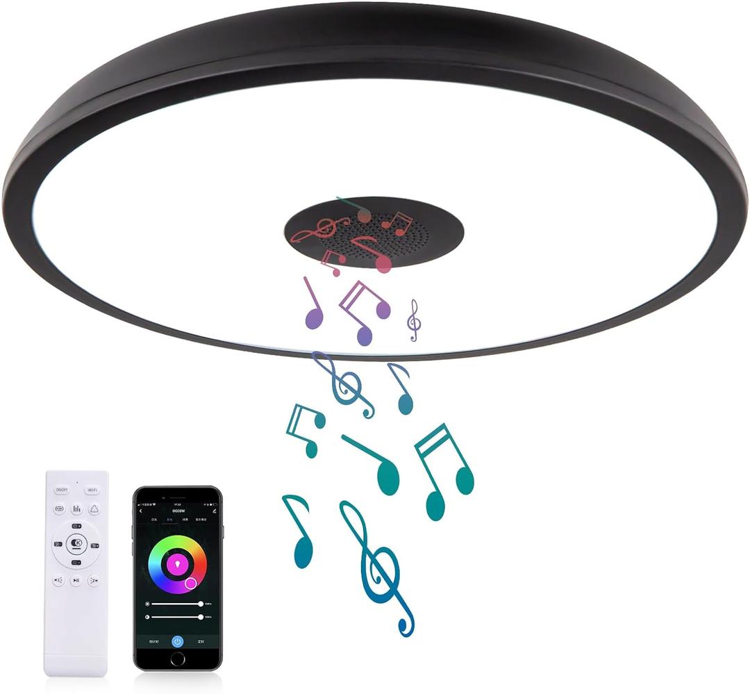 Black Smart Waterproof LED Flush Mount Ceiling Light Fixture,18W,with Bluetooth Speaker,RGB Color Changing Function-Dimmable Lamp,Tuya Application Control-Compatible with Alexa Google Home (11 inches, Black-Applications+Dimming Function+Bluetooth)
