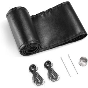 SEG Direct Genuine Leather Steering Wheel Cover, Stitch On Wrap, 15 Inch Steering Wheel Wrap for Car Truck SUV Pickup Boat, DIY Sewing with Needle Thread, Black