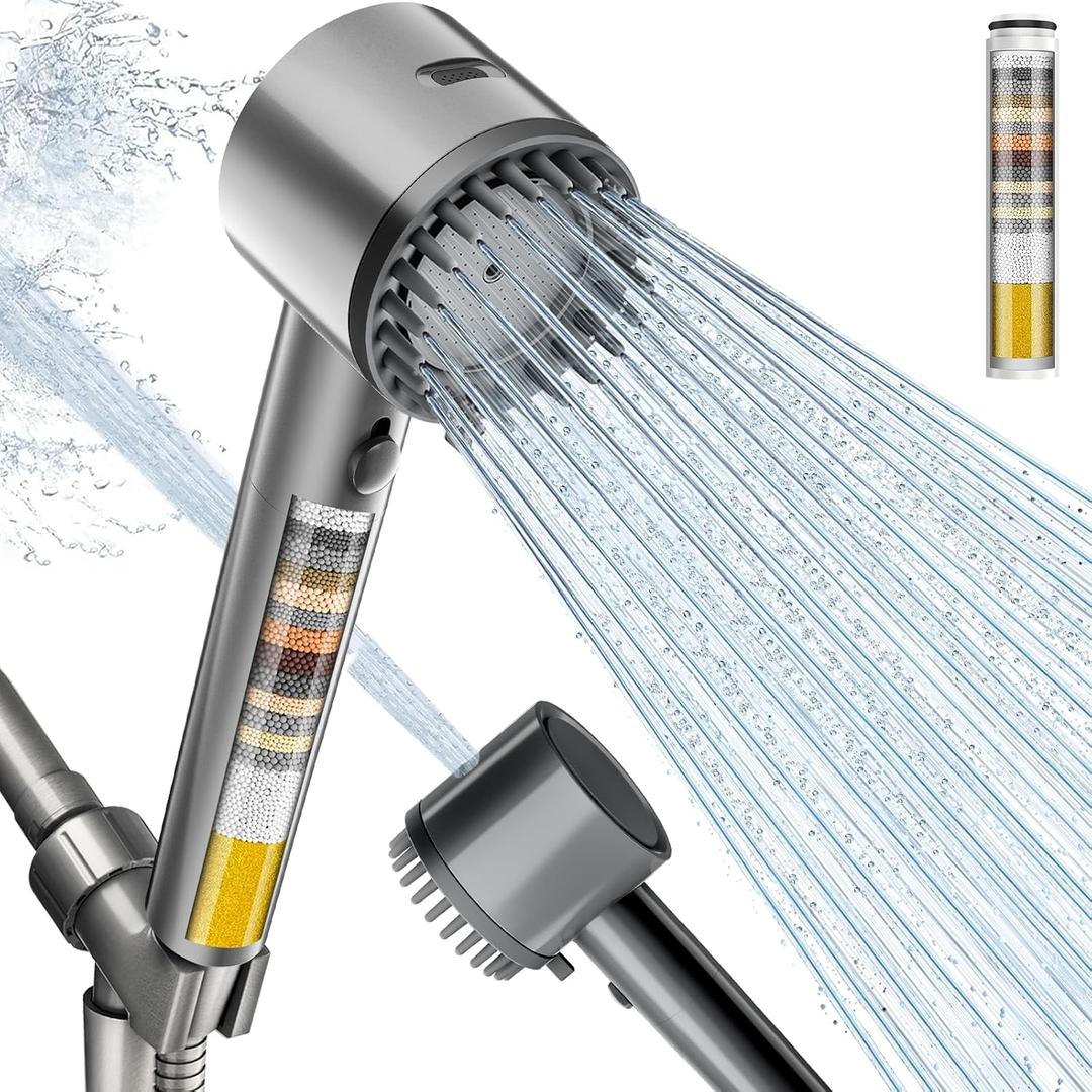 Cobbe Ion Drops Filtered Shower Head with Handheld, High Pressure 4+1 Spray Mode Showerhead with Filters, Built-in Power Wash for Hard Water - Remove Chlorine - Reduces Dry Itchy Skin, Matte Gray
