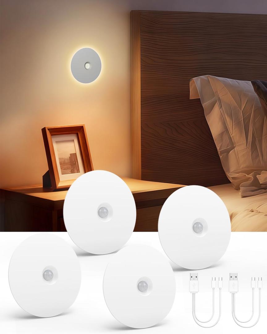 Yiliaw Motion Sensor Night Light, Rechargeable Nightlight Indoor, Dimmable Warm White with Wireless Magnetic Mount, Adjustable Brightness & 3 Color Temps for Hallway, Stair, Bathroom, Closet (4 Pack)