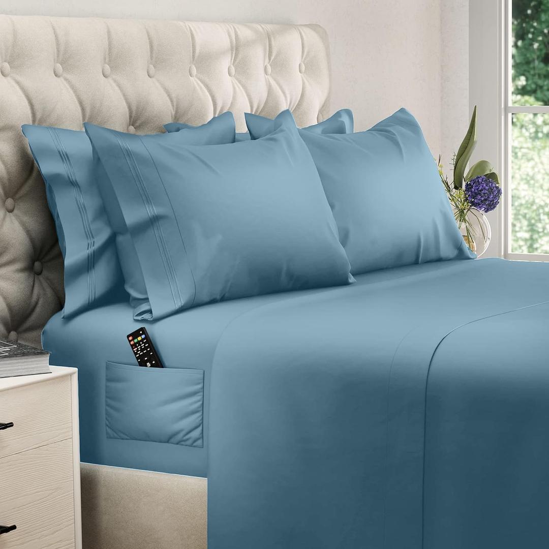 DREAMCARE Full Size Sheets - 6 pcs Breathable Cooling Bed Sheets - up to 15" Deep Pocket Full Size Bed Sheets wth Side Pockets -Extra Soft 100% Brushed Hypoallergenic Hotel Luxury Bedding Mineral Blue