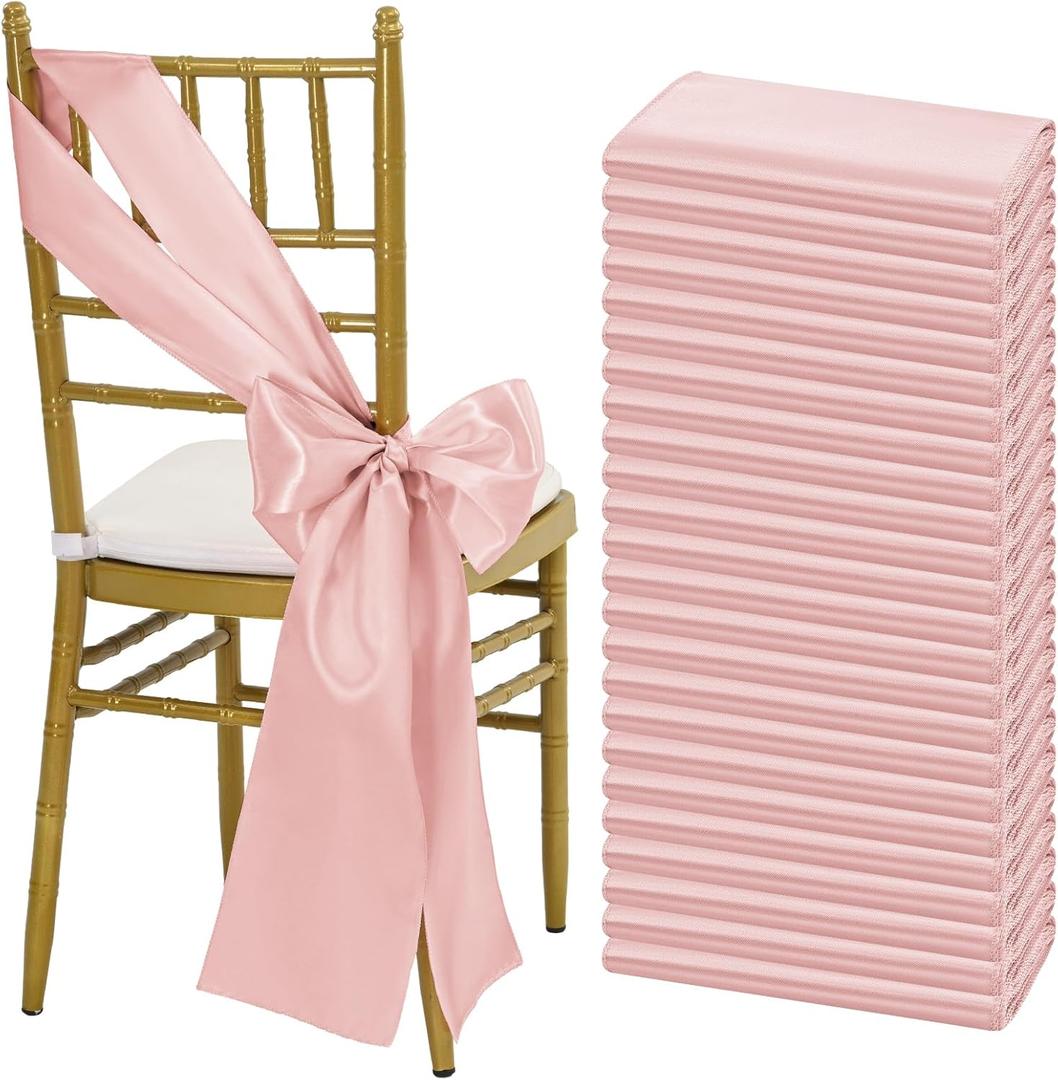 50 PCS Satin Chair Sashes Bows, Rose Gold Chair Ribbon Ties Back Sash Bow Chair Decorative for Wedding Birthday Banquet Party Hotel Event Chair Cover Decoration(7 x 108 Inch)