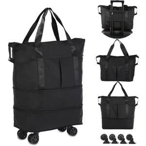 VOOWO Rolling Duffle Bag with Wheels, Expandable Foldable Duffel Bag with Wheels for Travel, Rolling Luggage Carry on Duffel Bag, Wheeled Travel Duffle Bag, Large Weekend Bag for Women & Men (Black)