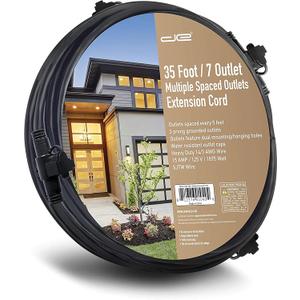 35 FT Evenly Spaced Multiple Outlet 14/3 Extension Cord, Outdoor/Indoor - 7 Outlets Every 5 Feet, Christmas Lighting, Holiday Decorations, Uplighting, Stage Backlines
