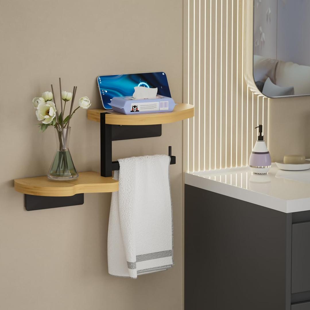 Wall Mounted Bathroom Storage Shelf, Double Layer Wooden Tissue Box Holder with Towel Bar, Natural Wood, Black Metal Frame, 33.5x7x20cm