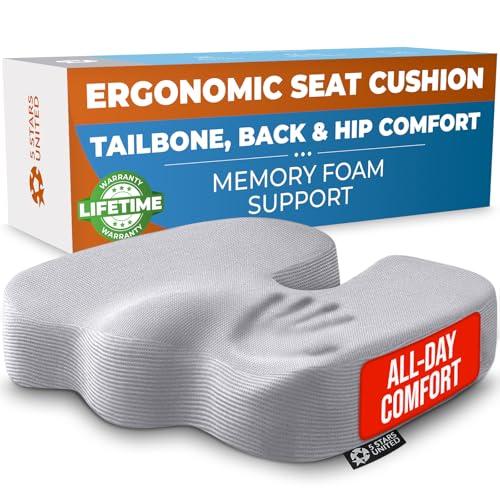 5 STARS UNITED Seat Cushion for Tailbone Pain Relief – Memory Foam Cushion for Coccyx, Hip, Hemorrhoid, Sciatica & Post-Surgery Recovery – Wheelchair, Car, Desk, Gaming & Office Chairs, L Gray