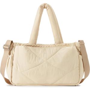 Herald Puffer Tote Bag for Women, Quilted Large Crossbody Shoulder Purse Handbag with Compartment & Multi Pocket (Nude)