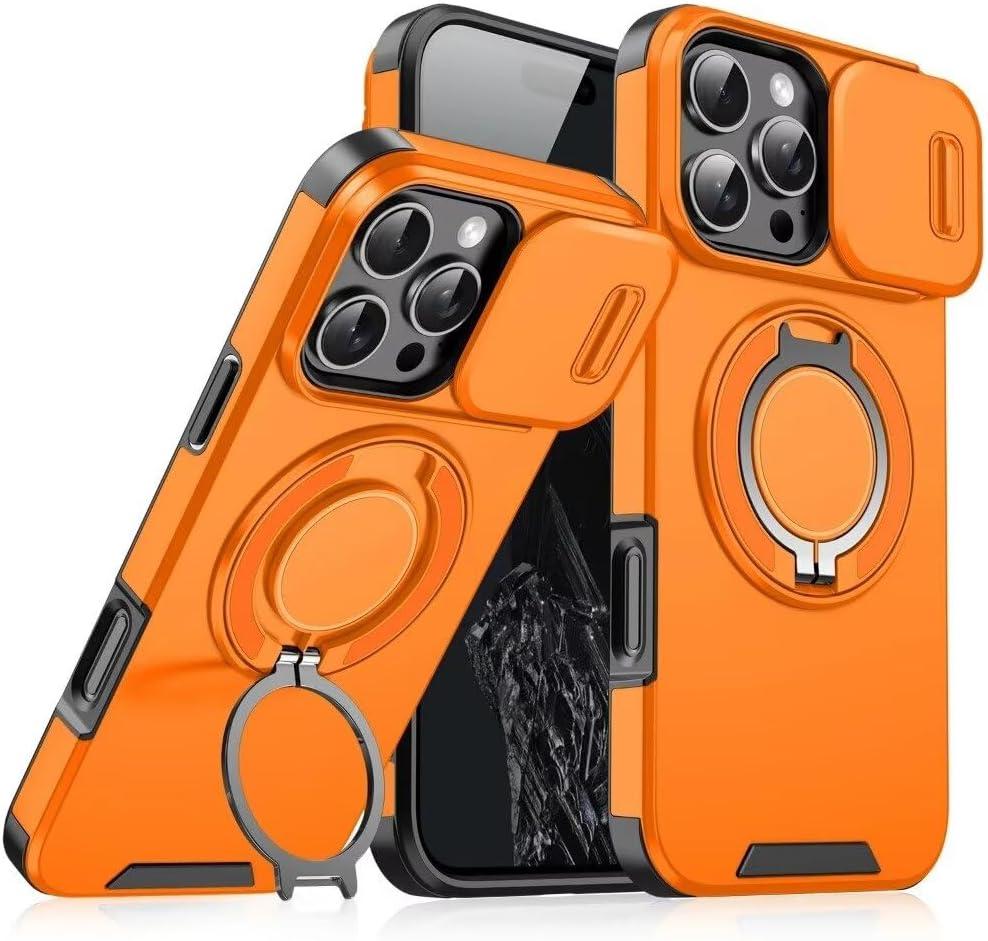 Heavy Duty Series Designed for iPhone 14 Pro Max Case,Rugged 360 Rotatable Ring with Invisible Holder Stand,Slide Camera Cover & Military Grade Drop Protection Shockproof,Orange