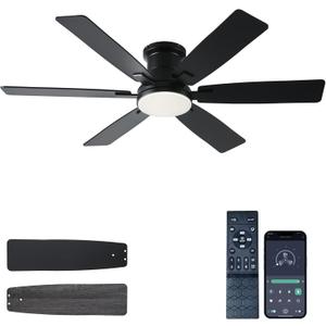 52 inch Black Ceiling Fans with Lights and Remote - Flush Mount Low Profile Ceiling Fan with Light, Reversible, 3CCT, Dimmable, Modern Indoor Ceiling Fan for Bedroom Living Room, Covered Patios