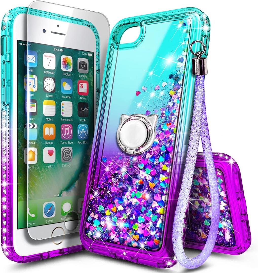 NGB Designed for iPhone SE (3rd 2022 & 2nd Gen 2020)/iPhone 8/7/6/6S Case, Aqua/Purple | Glitter Liquid Cute Cover for Women Girls Kids | with Tempered Glass Screen Protector & Ring Holder-Wrist Strap