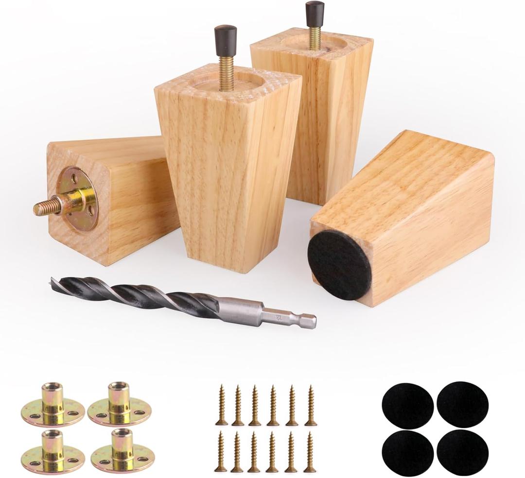 4 inch Square Wood Legs Set of 4,Rubber Wood Furniture Legs Replacement Couch,Sofa,Cabinet,Bench,Ottoman,Bed Support (4 Inches,Natural Color)
