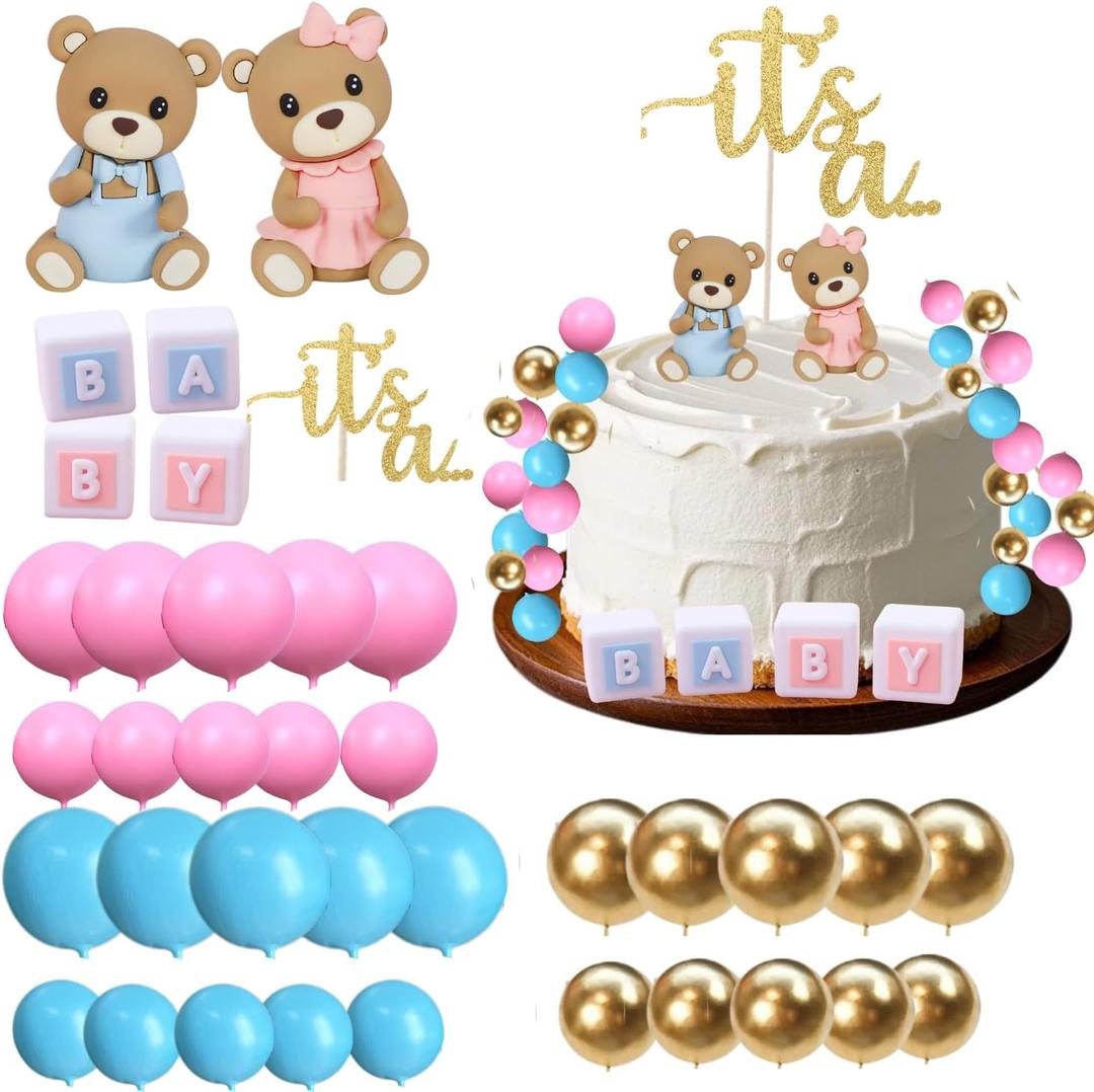 ALISSAR 37Pcs Bear Gender Reveal Cake Toppers with Balls, Gender Reveal Decorations, Cake Decorations, Boy or Girl Decorations