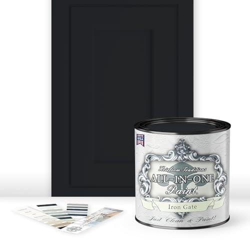 ALL-IN-ONE Paint by Heirloom Traditions, Iron Gate (Black), Quart - Durable cabinet and furniture paint. Built in primer and top coat, no sanding needed. Includes our 30 featured color card.