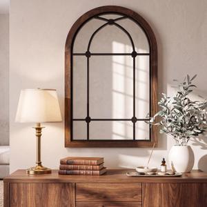 Vercraft Rustic Mirror for Bathroom, Wooden Framed Farmhouse Mirror, Wall Mount Farmhouse Decorative Brown Vintage Mirrors for Bathroom Vanity, Bedroom, Entryway, Living Room(24 x 36 Inch,Arched)
