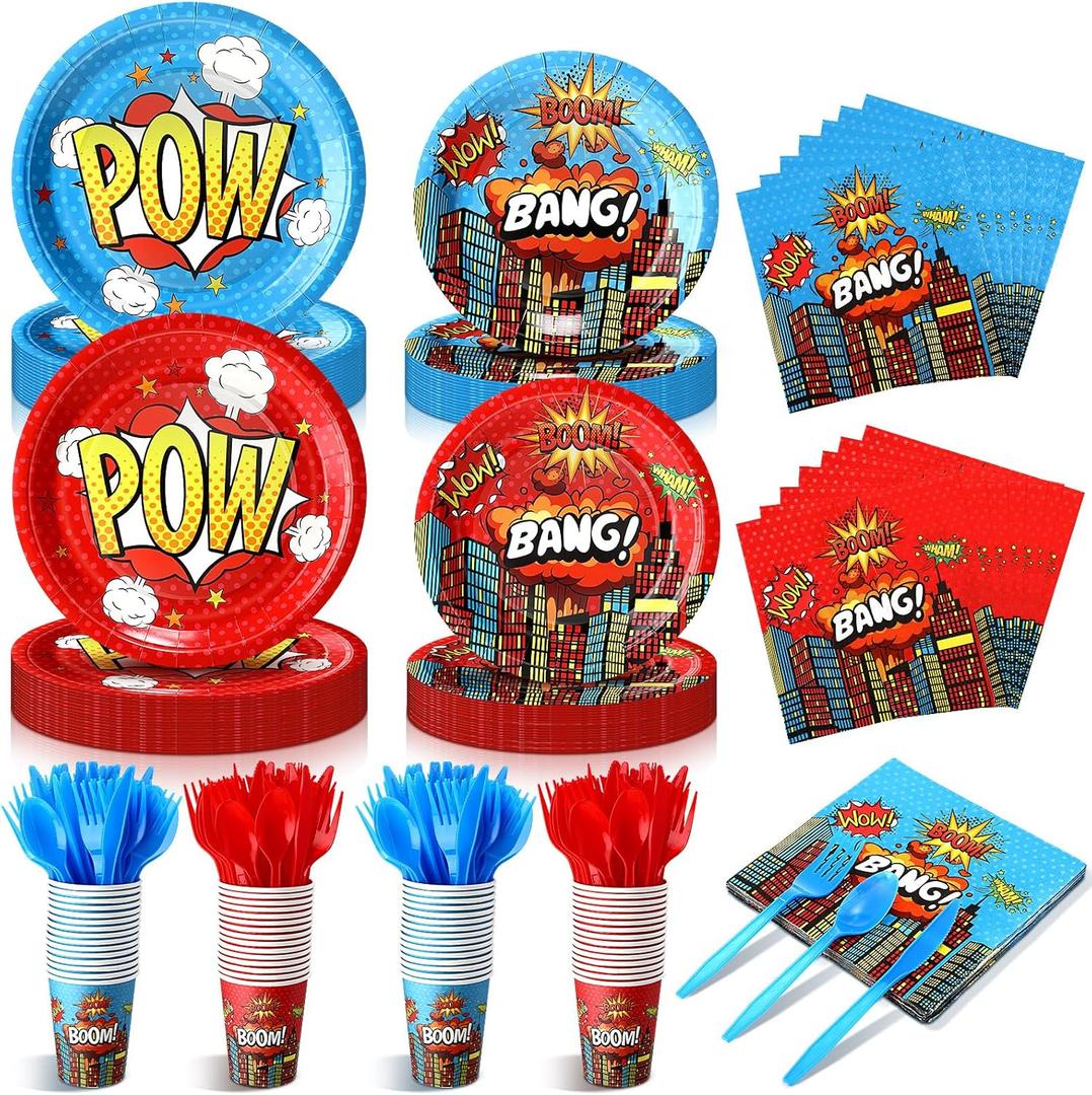 Potchen 210 Pcs Hero Party Supplies for 30 Guests Paper Plates Napkins Cups and Cutlery Red Blue Hero Themed Activity Disposable Tableware Decorations for Boys Birthday Party Baby Shower