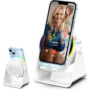 Wireless Induction Audio Bluetooth Speaker, 4 in 1 Phone Stand Speakers Amplifier with Colorful Ambient Light,360 Adjustable Holder for Tablet iPhone Android, Gifts for Men Women Teens-White