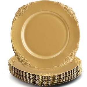 Okllen 12 Pack Gold Charger Plates, 13" Round Dinner Charger Plates with Embossed Rim for Catering, Wedding, Tabletop Decor