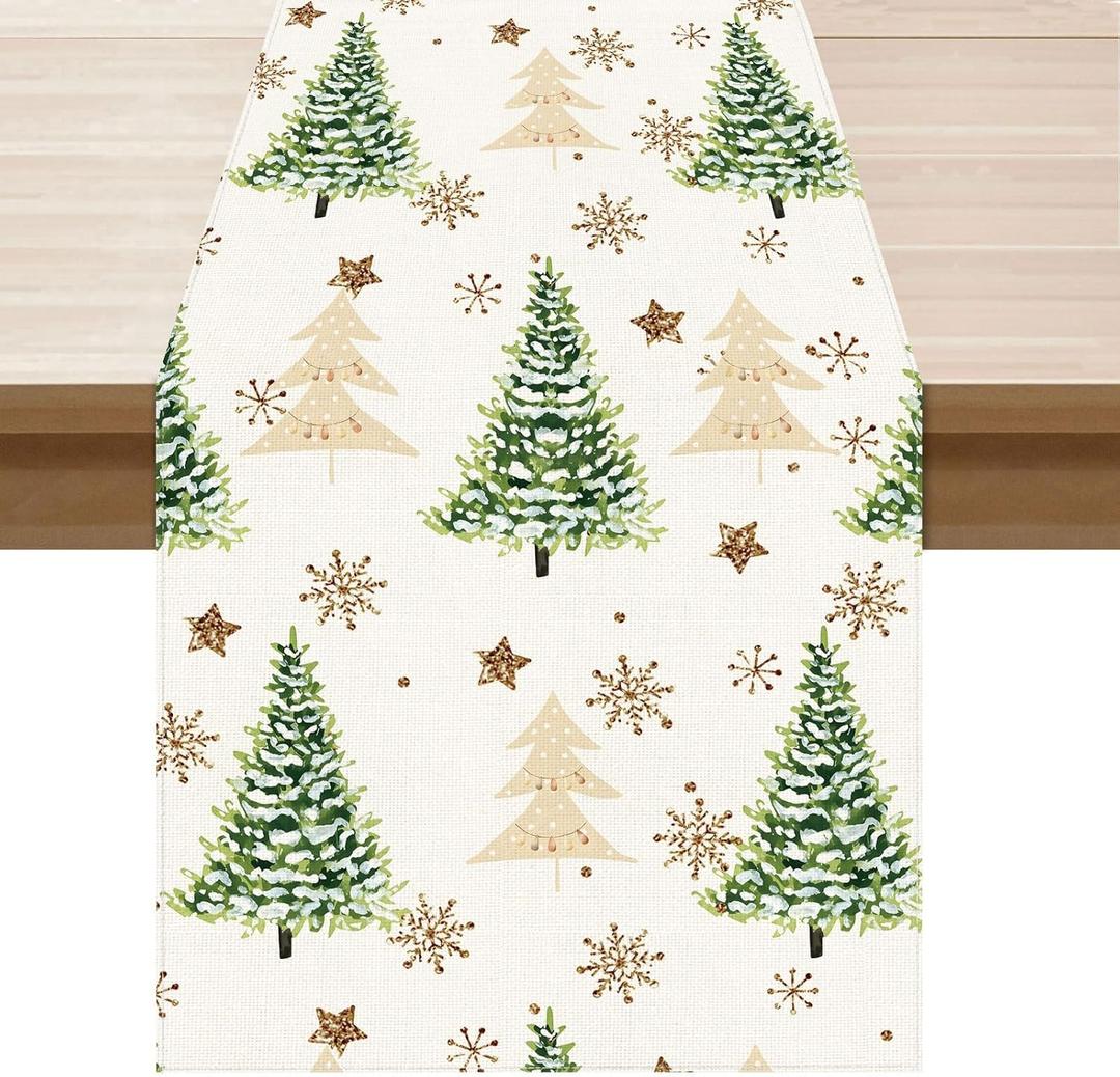Christmas Trees Little Stars Snowflakes Winter Xmas Cloth Table Runner Burlap Table Decoration for Home Kitchen Dining Dinner Indoor Holiday Farmhouse Decor 13x36 Inch