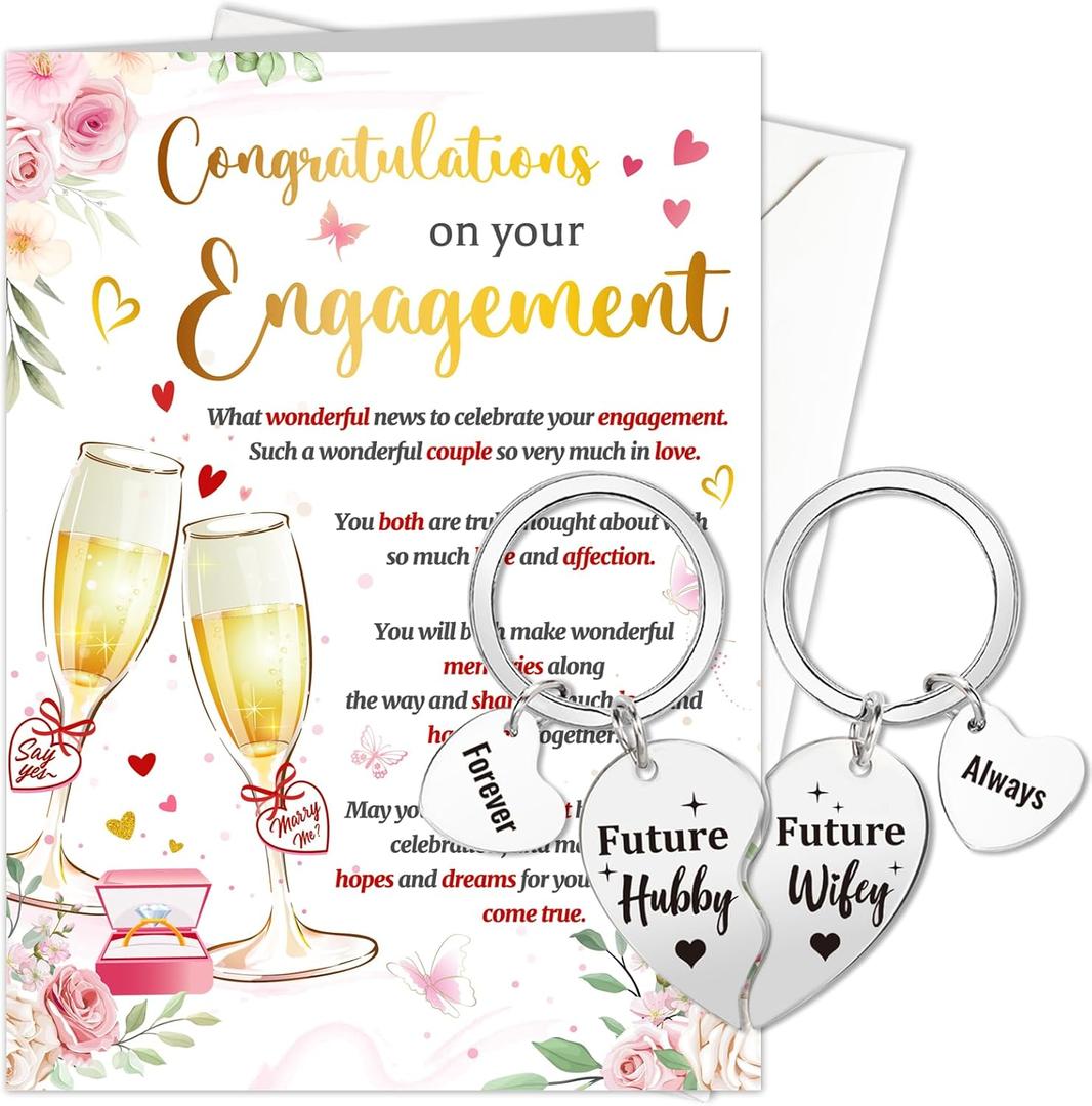 HOWAF Engagement Card for Couple, Congratulation Engagement Gifts Cards fo Friends,Future Hubby Future Wifey Keyring, You're Emgaged Greeting Card & 2 Keyrings