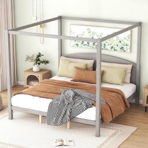 King Size Canopy Platform Bed with Headboard and Support Legs,Wood Bed Frame W/Space Saving,Slat Support,for Girl Boy Kid,Adults Bedroom,Grey Wash