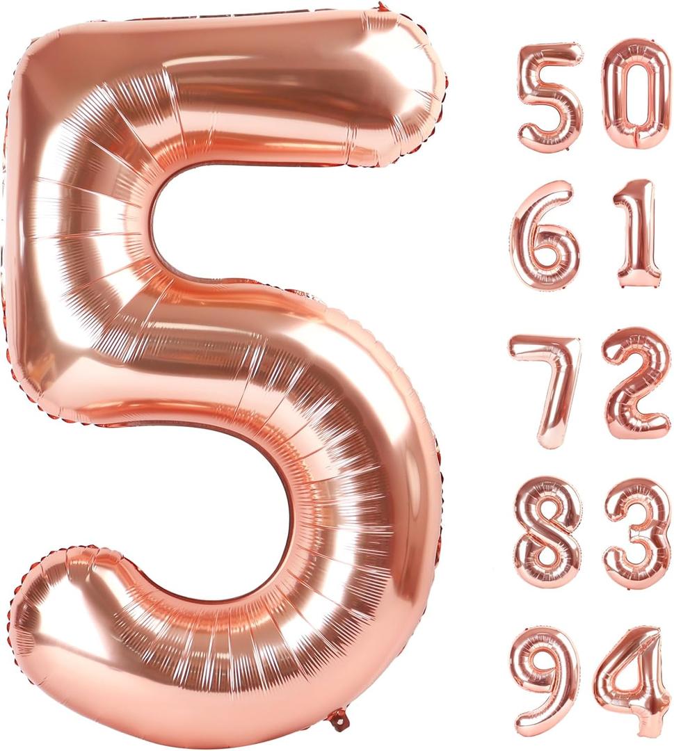 Rose Gold 5 Balloon, Number Balloons 40 Inch, 5th Birthday Balloon Decorations, Rose Gold Party Supplies, 5 Number Balloons, Number 5 Balloon