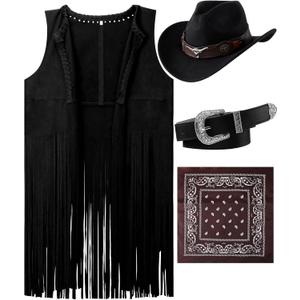 Hercicy Western Outfits for Women Cowgirl Costume Accessories Cowboy Hat Tassel Vest Cowboy Belt and Bandana 70s Hippie (Large, Black)