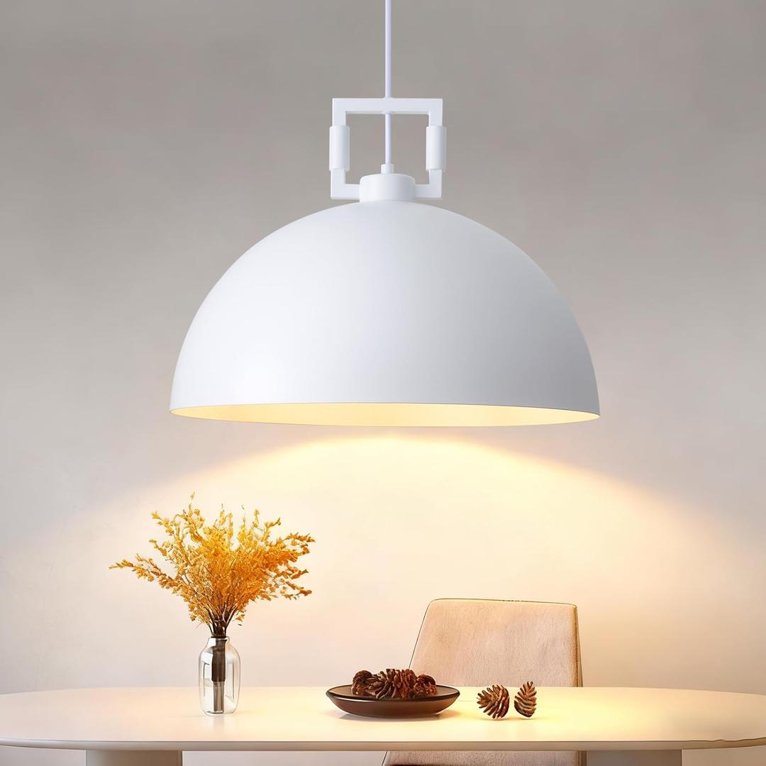 18'' White Pendant Light, Modern Large Dome Pendant Lighting Over-Island, Farmhouse Vintage Hanging Lamp Ceiling Light Fixture for Dining Room Foyer Hallway Bar Cafe Kitchen Sink Matte Dome