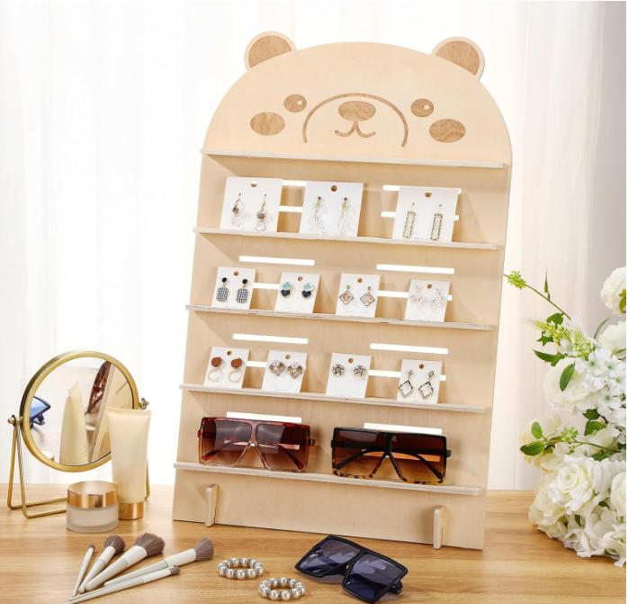 Briwooody 5 Tier Greeting Card Display Stand for Vendors 26 Inch Sticker Display Stand Bear Wooden Bookmark Holder with Adjustable Height for Retail Counter, Craft Trade Shows, Palyroom