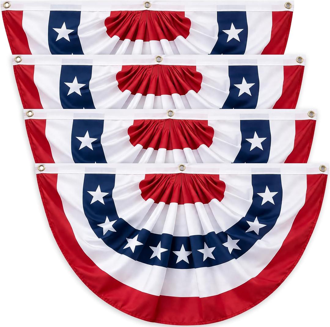 3x6 FT American Bunting Flags Outdoor, 4th of July Pleated Large Fan Flags, USA Patriotic Banner Decorations for 250th Anniversary, Outside Porch, Fence, Yard Garden, Red White and Blue Decor (4)