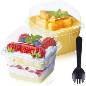 TOFLEN 50Ct 8 oz Square Plastic Dessert Cups with Lids and Sporks, Clear Plastic Yogurt Parfait Cups Cake Cups for Mousse, Fruit, Banana Pudding Cups
