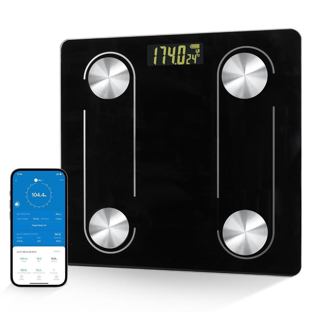 Digital Simple Scale with Led Display Practical Body Fat Scale, Bathroom Scale with Smartphone App (Black)