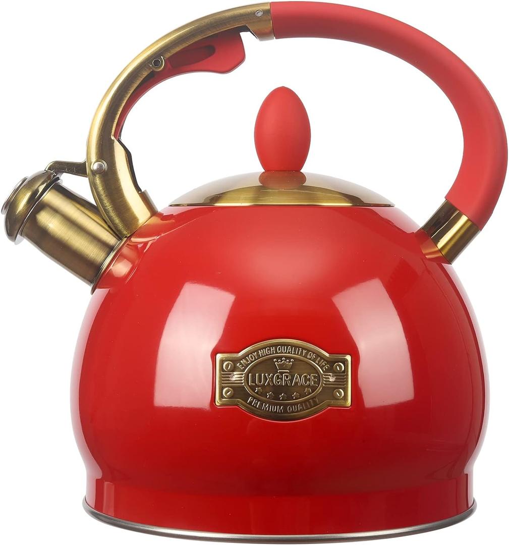 3Quart Whistling Tea Kettle Classic Teapot Stainless Steel Teakettle with Cool Grip for Stovetop (Red)